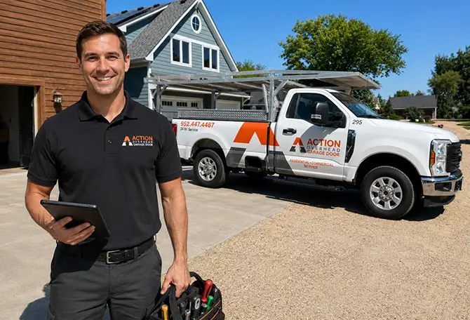 Action Overhead skilled technician ready to repair a residential garage door